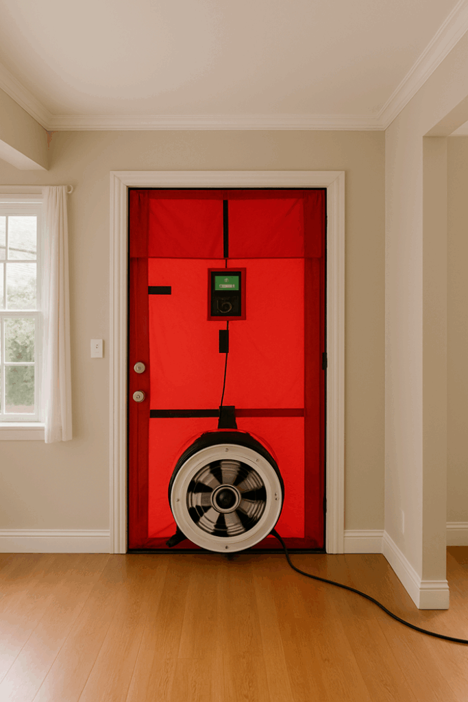 Blower door test setup measuring home air leakage and efficiency