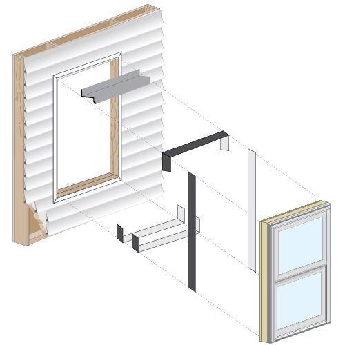 Exploded diagram showing window frame and wall installation layers