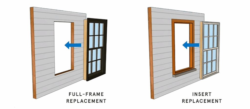 Diagram comparing full-frame and insert window replacement methods
