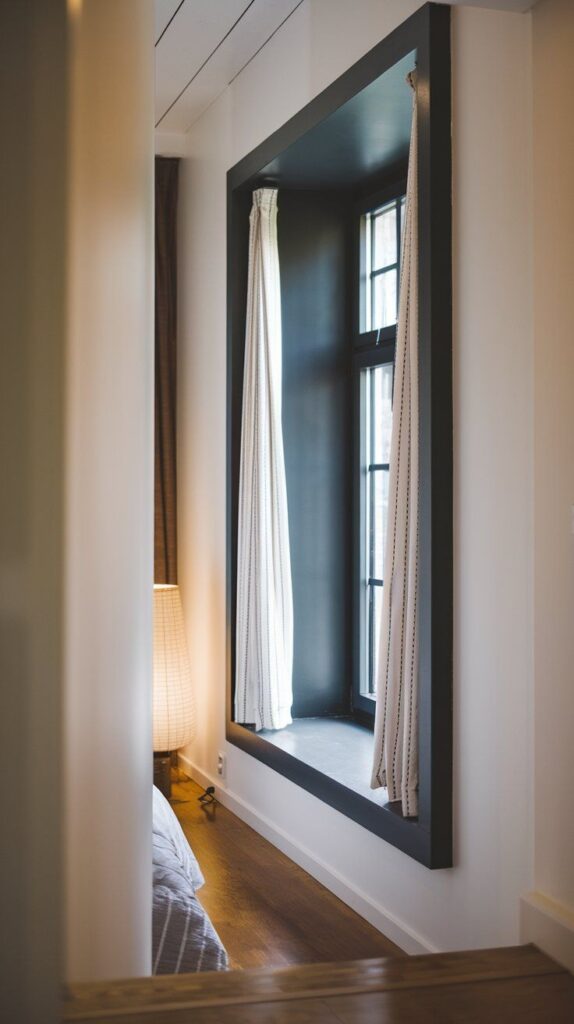 Modern window nook with black trim and light curtains