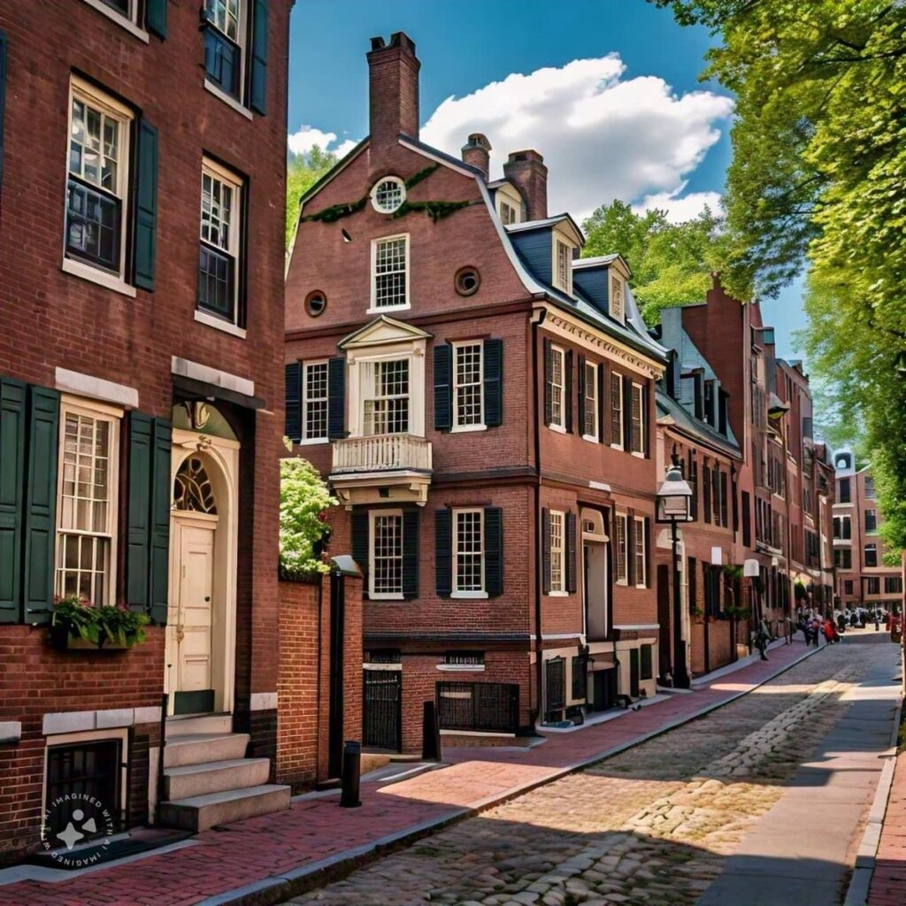 Historic brick row houses with black shutters on cobblestone street