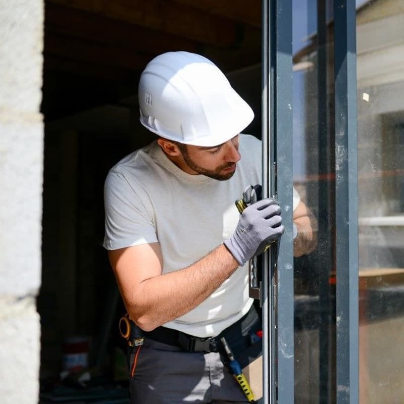Professional installer fitting modern aluminum window frame during construction